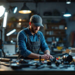 A photograph of a lighting contractor at work