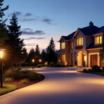 A photograph of capture a photograph of a beautifully illuminated driveway featuring stylish solar post lights in a residential setting