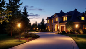 A photograph of capture a photograph of a beautifully illuminated driveway featuring stylish solar post lights in a residential setting
