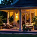 A photograph of a beautifully illuminated outdoor porch at dusk