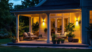 A photograph of a beautifully illuminated outdoor porch at dusk