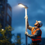 A photograph of a lighting contractor installing a sleek