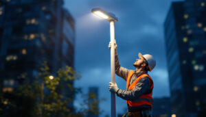A photograph of a lighting contractor installing a sleek