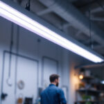 A photograph of a well-lit workspace featuring an eight-foot fluorescent light fixture installed overhead