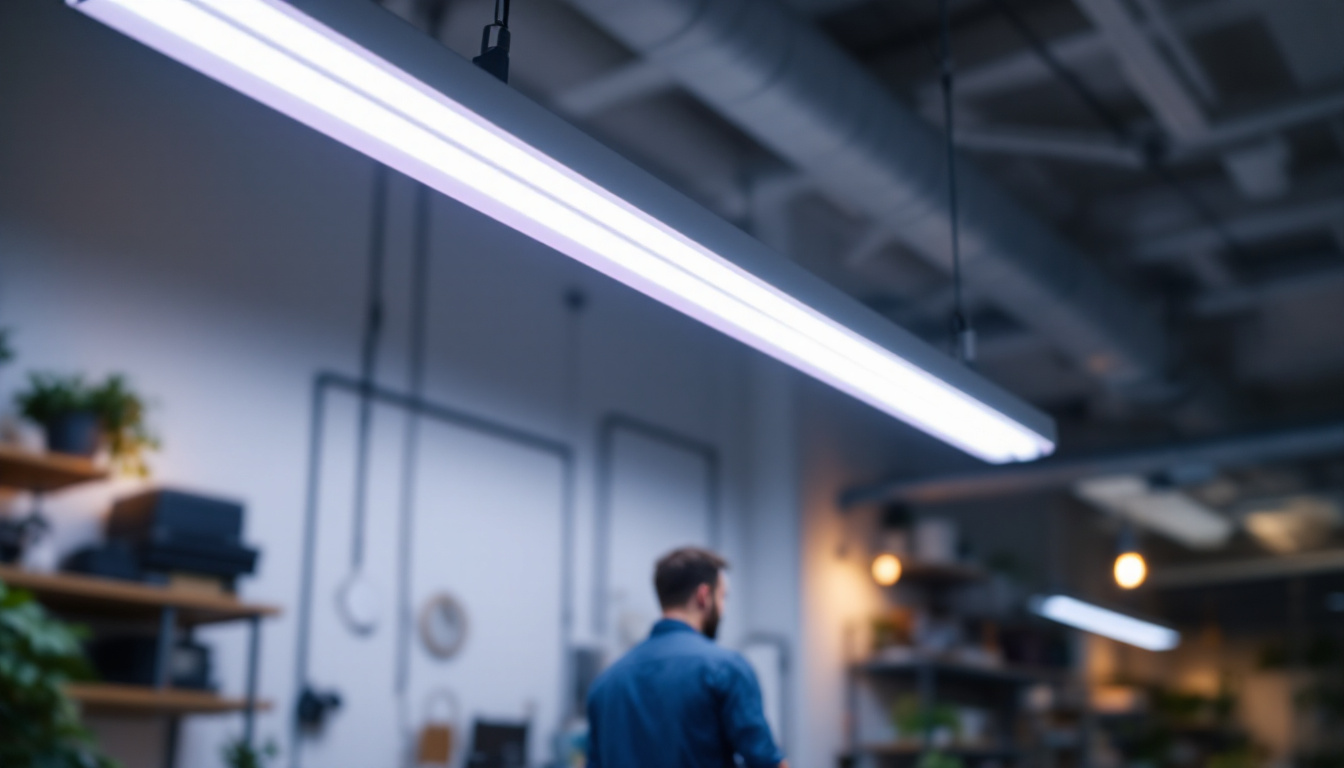 A photograph of a well-lit workspace featuring an eight-foot fluorescent light fixture installed overhead