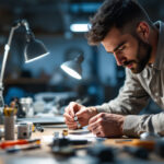 A photograph of a skilled lighting contractor expertly connecting various lighting connectors in a well-lit workspace