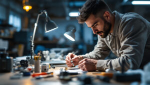 A photograph of a skilled lighting contractor expertly connecting various lighting connectors in a well-lit workspace