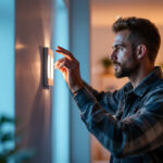 A photograph of a lighting contractor examining a dimmable led switch installation in a well-lit room