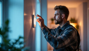 A photograph of a lighting contractor examining a dimmable led switch installation in a well-lit room