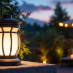 A photograph of a solar led lantern illuminating a beautifully designed outdoor space at dusk