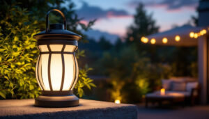 A photograph of a solar led lantern illuminating a beautifully designed outdoor space at dusk