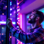 A photograph of a lighting contractor expertly installing or adjusting vibrant rgb led lights in a modern interior setting