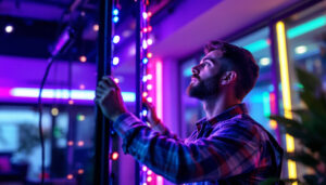 A photograph of a lighting contractor expertly installing or adjusting vibrant rgb led lights in a modern interior setting