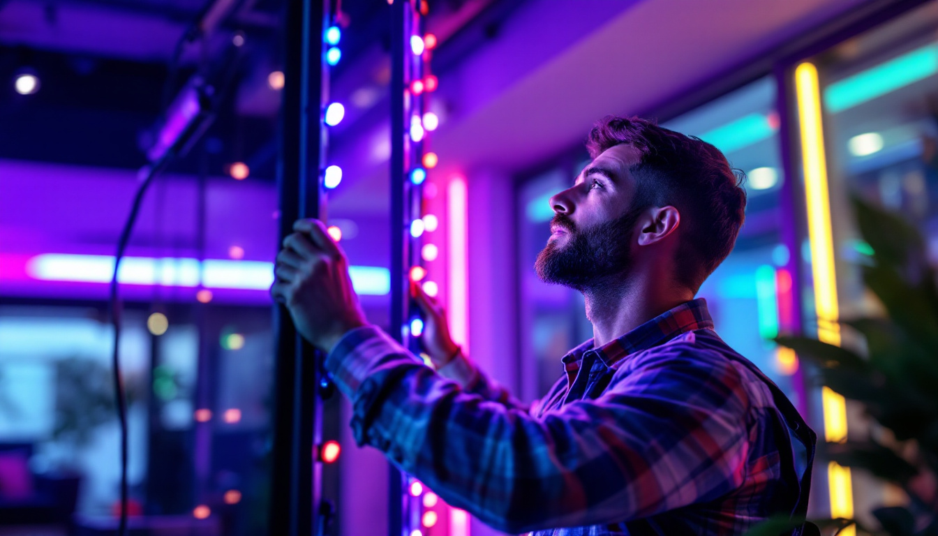 A photograph of a lighting contractor expertly installing or adjusting vibrant rgb led lights in a modern interior setting