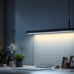 A photograph of a well-lit workspace featuring a 4-foot led fixture installed in a modern setting