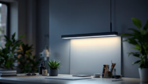 A photograph of a well-lit workspace featuring a 4-foot led fixture installed in a modern setting