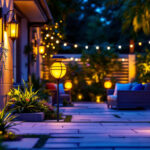 A photograph of a beautifully illuminated outdoor space featuring various styles of solar led lights in use