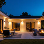 A photograph of a beautifully illuminated outdoor space featuring a variety of stylish lighting fixtures