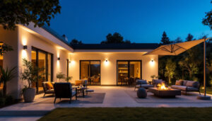 A photograph of a beautifully illuminated outdoor space featuring a variety of stylish lighting fixtures