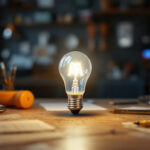 A photograph of a type g 25-watt light bulb illuminated in a well-designed workspace