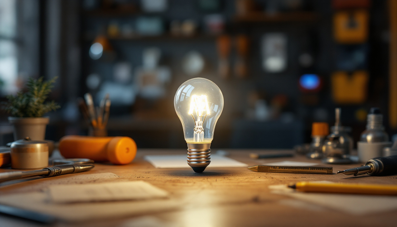 A photograph of a type g 25-watt light bulb illuminated in a well-designed workspace