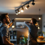 A photograph of a well-lit interior space featuring a stylish track lighting kit in action