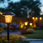 A photograph of a beautifully illuminated outdoor space featuring solar night lights in use