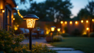 A photograph of a beautifully illuminated outdoor space featuring solar night lights in use