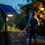 A photograph of capture a photograph of a solar security lamp illuminating a well-lit outdoor space