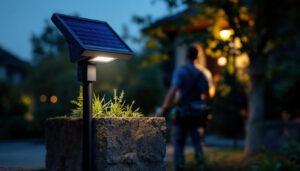 A photograph of capture a photograph of a solar security lamp illuminating a well-lit outdoor space