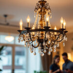 A photograph of a beautifully designed chandelier hanging in a well-lit room