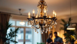 A photograph of a beautifully designed chandelier hanging in a well-lit room