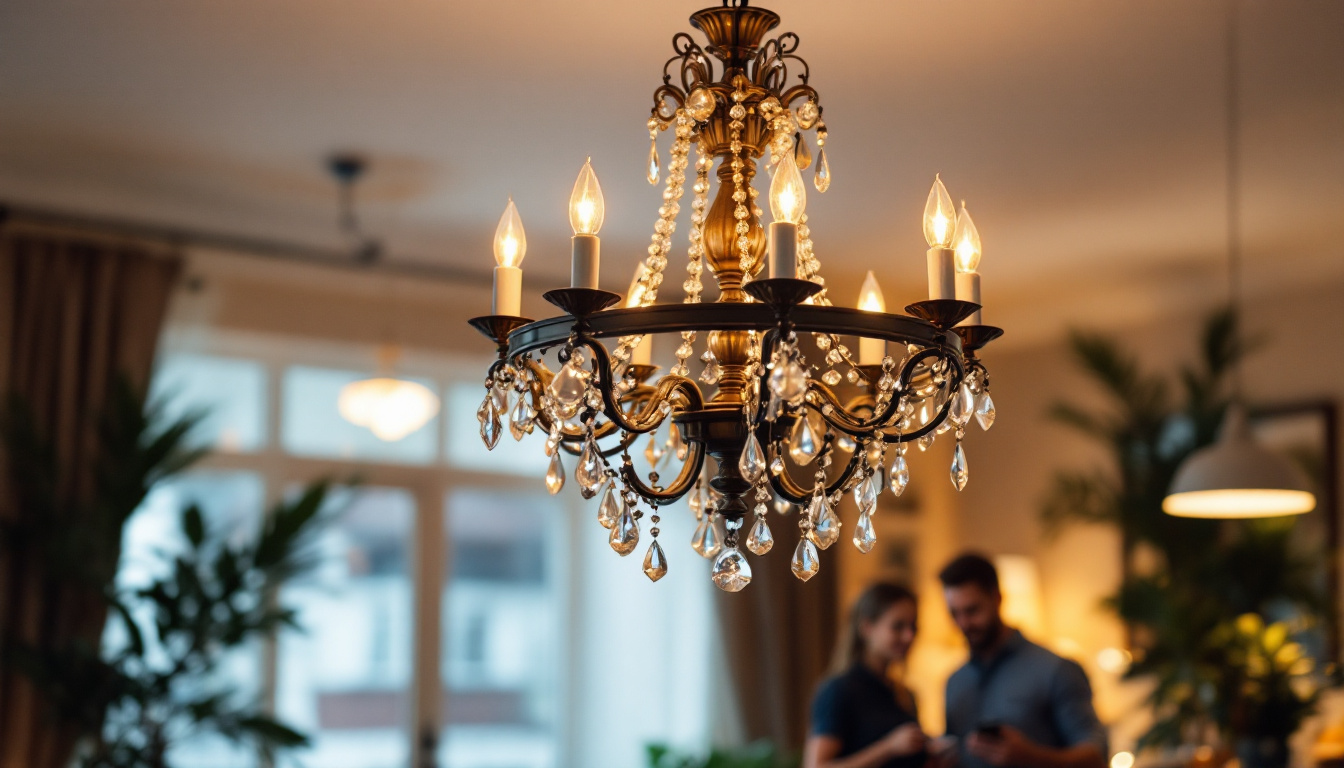 A photograph of a beautifully designed chandelier hanging in a well-lit room