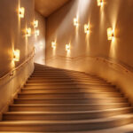 A photograph of a beautifully designed stairwell illuminated by stylish light fixtures