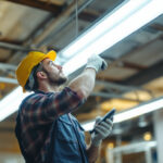 A photograph of a lighting contractor inspecting or installing ballast fluorescent lights in a commercial space