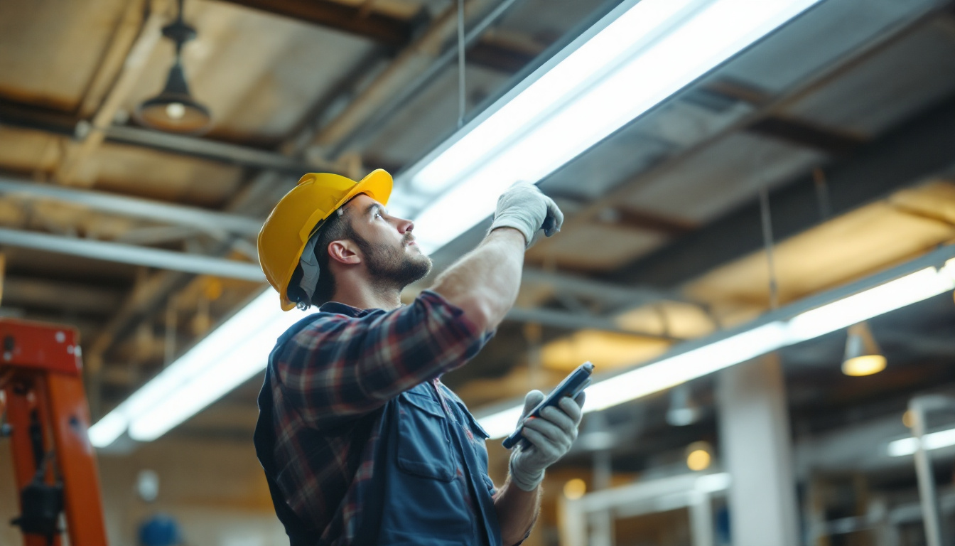 A photograph of a lighting contractor inspecting or installing ballast fluorescent lights in a commercial space
