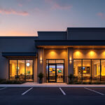 A photograph of a well-lit commercial exterior showcasing various led lighting installations