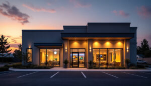 A photograph of a well-lit commercial exterior showcasing various led lighting installations
