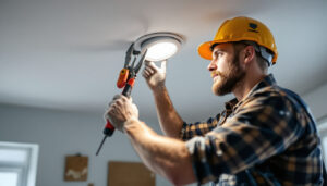 A photograph of capture a photograph of a lighting contractor skillfully installing a recessed can light in a modern ceiling
