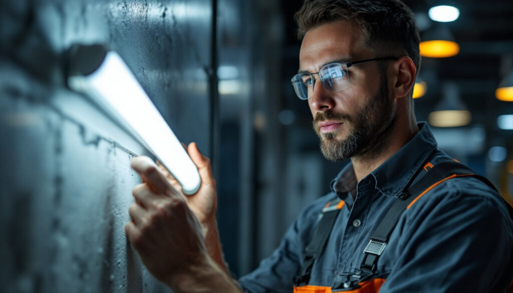 A photograph of a lighting contractor installing or examining a 4ft led tube bulb in a commercial setting