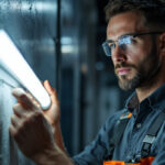 A photograph of a lighting contractor installing or examining a 4ft led tube bulb in a commercial setting