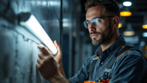A photograph of a lighting contractor installing or examining a 4ft led tube bulb in a commercial setting