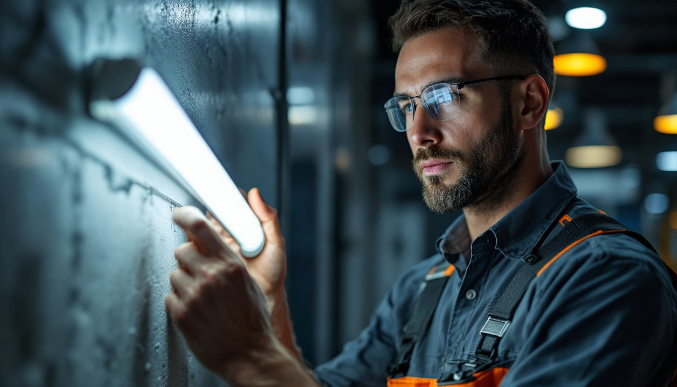 A photograph of a lighting contractor installing or examining a 4ft led tube bulb in a commercial setting