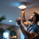 A photograph of a lighting contractor skillfully installing recessed ceiling light bulbs in a modern home setting