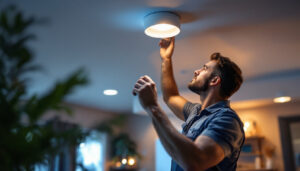 A photograph of a lighting contractor skillfully installing recessed ceiling light bulbs in a modern home setting
