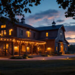 A photograph of a beautifully illuminated outdoor barn setting at dusk