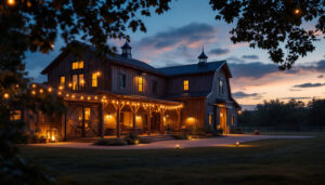 A photograph of a beautifully illuminated outdoor barn setting at dusk
