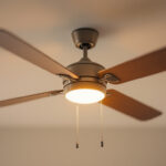 A photograph of a well-lit ceiling fan with its key components clearly visible