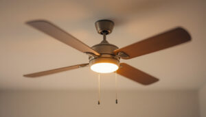 A photograph of a well-lit ceiling fan with its key components clearly visible