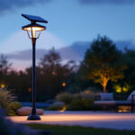 A photograph of a tall solar lamp illuminated at dusk in an outdoor setting
